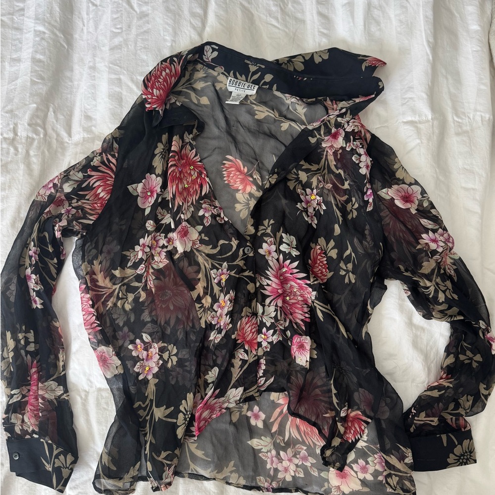Robbie Bee Vintage Black Floral 100% Silk Sheer Blouse